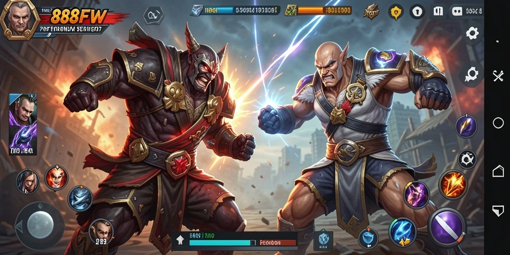 Screenshot menunjukkan pertarungan intens di <strong>888FW</strong> dengan aksi karakter yang dramatis.