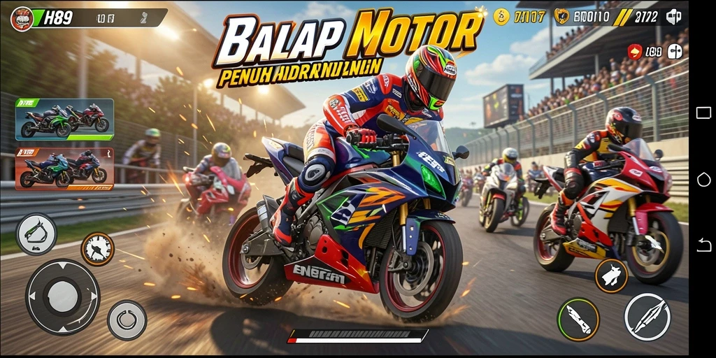 Screenshot H89 menampilkan aksi balap motor yang seru dan mendebarkan.