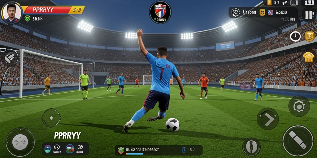 Screenshot menunjukkan aksi seru di lapangan sepak bola PPRRYY.
