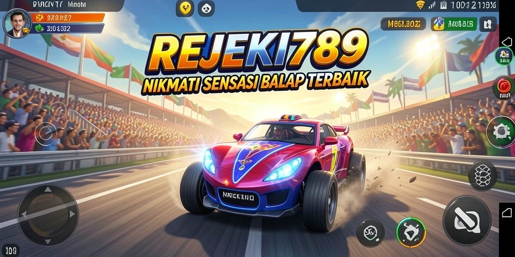Screenshot menunjukkan gameplay balapan seru di REJEKI789.