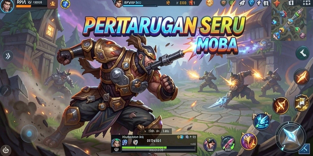 Screenshot gameplay RPVIP3 menampilkan pertarungan seru antar tim di arena MOBA.