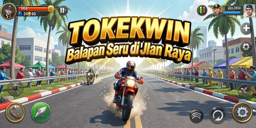 Screenshot utama TOKEKWIN menampilkan balapan mendebarkan di jalan raya.
