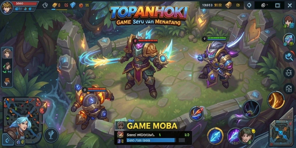 Gambaran gameplay seru dalam TOPANHOKI dengan aksi MOBA yang mendebarkan.